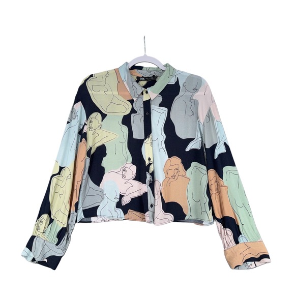 Zara Tops - Zara Abstract Figure Print Long Sleeve Button Up Shirt Blouse Women Size M